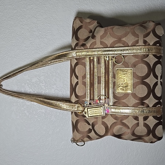 Coach Poppy Signature Op Art Glam Khaki/Gold Tote - Picture 1 of 8